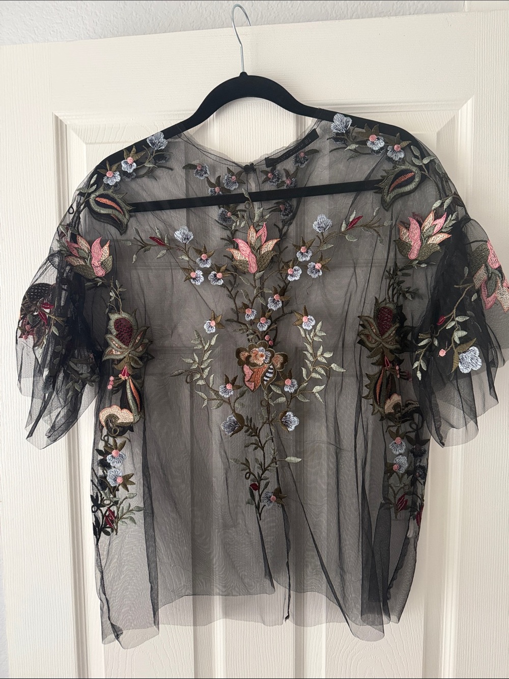 Zara Black Sheer Embroidered Floral Blouse